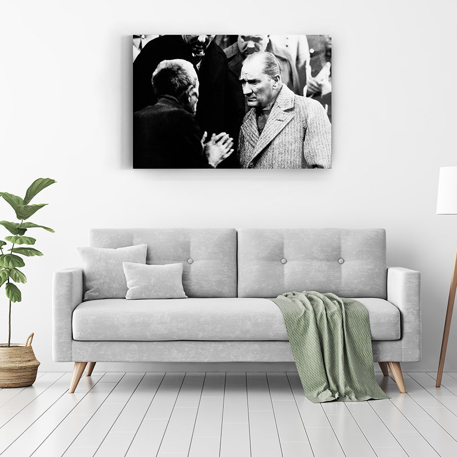 Atatürk 59 Cam Tablo on a modern living room wall, featuring high-quality tempered glass artwork.