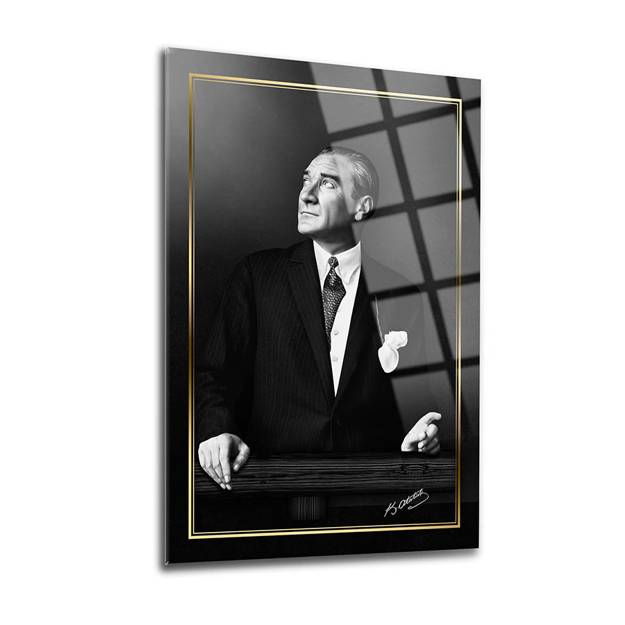 Atatürk 64 Cam Tablo – Tempered glass artwork with UV printing, 10x more durable, elegant design, premium quality.