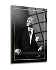 Atatürk 64 Cam Tablo – Tempered glass artwork with UV printing, 10x more durable, elegant design, premium quality.