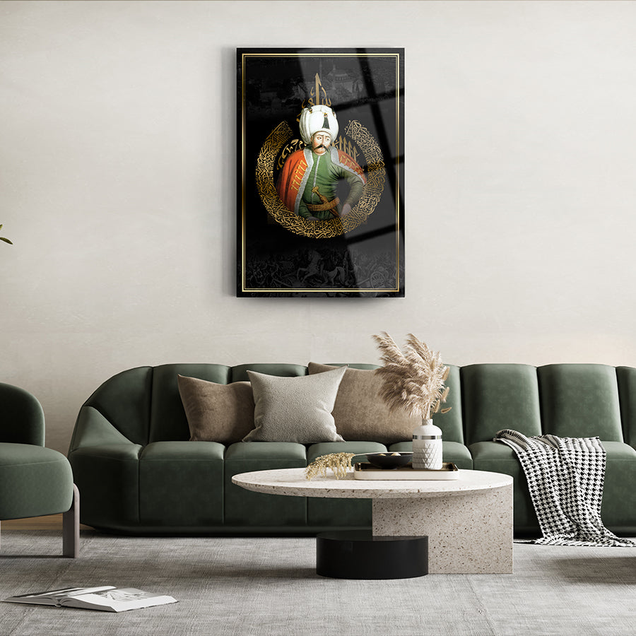 Yavuz Sultan Selim Cam Tablo in a modern living room setting, showcasing a vibrant portrait.
