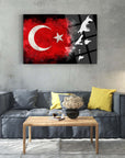 Atatürk and Turkish flag glass wall art in a modern living room setting with contemporary furniture.