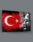 Atatürk and Turkish flag art on high-quality glass panel, featuring vibrant colors and detailed UV printing.