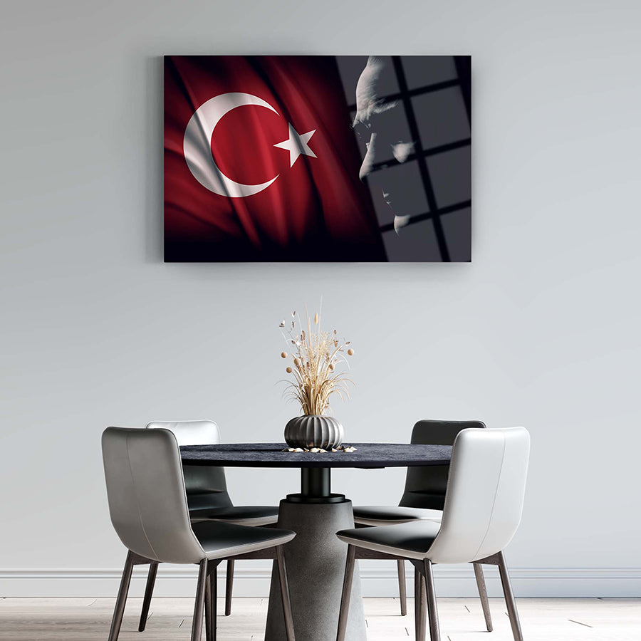 Atatürk and Turkish flag glass wall art, UV printed on high-quality tempered glass, stylish home decor.