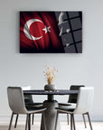 Atatürk and Turkish flag glass wall art, UV printed on high-quality tempered glass, stylish home decor.