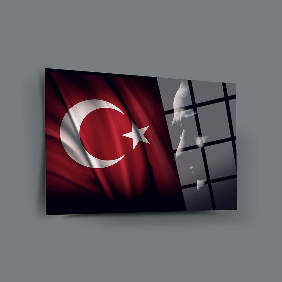 Atatürk and Turkish flag photo on a premium glass panel, showcasing modern design and durability.