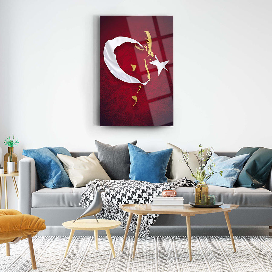 Atatürk and Turkish flag glass wall art in a stylish living room decor.