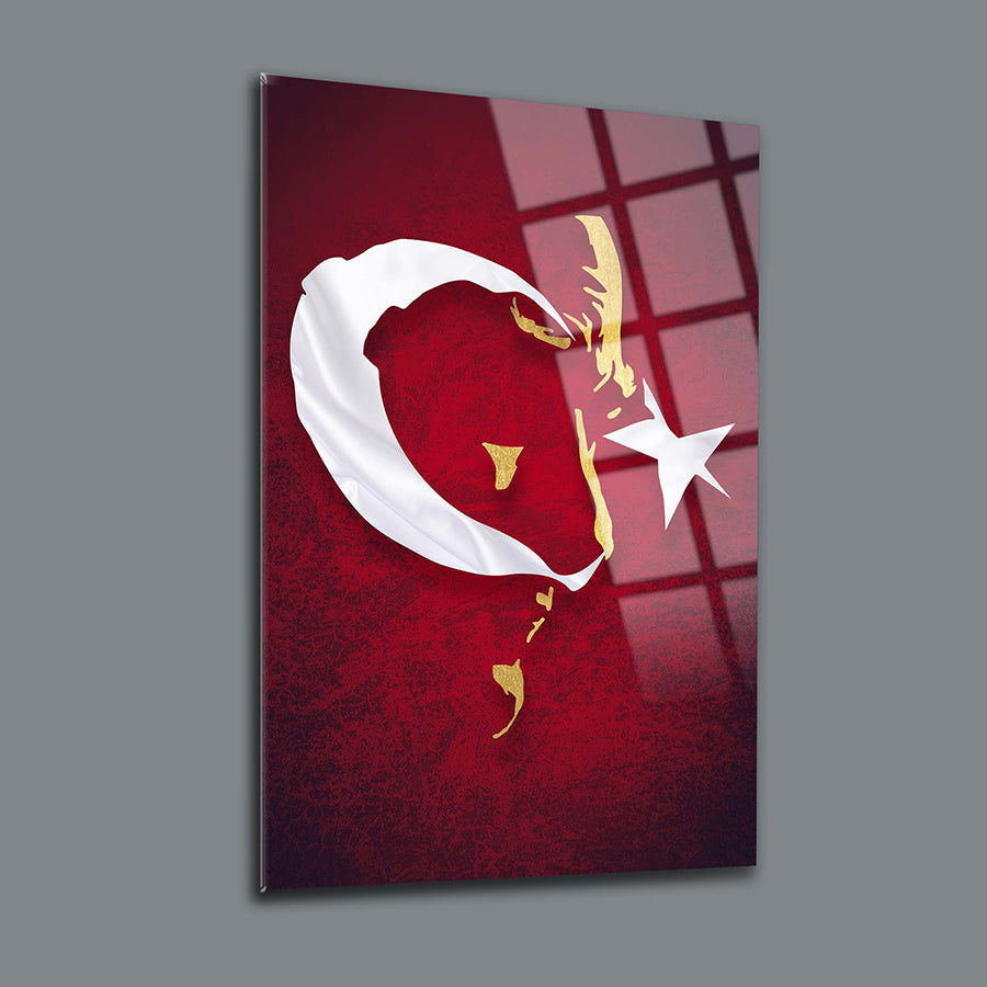 Atatürk ve bayrak temalı modern cam tablo, yüksek kaliteli UV baskı ile dekoratif bir tasarım.