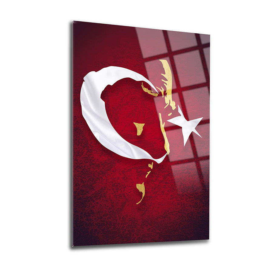 Atatürk ve Türk bayrağı temalı cam tablo, 4 mm kalınlığında UV baskı, dayanıklı ve şık tasarım.