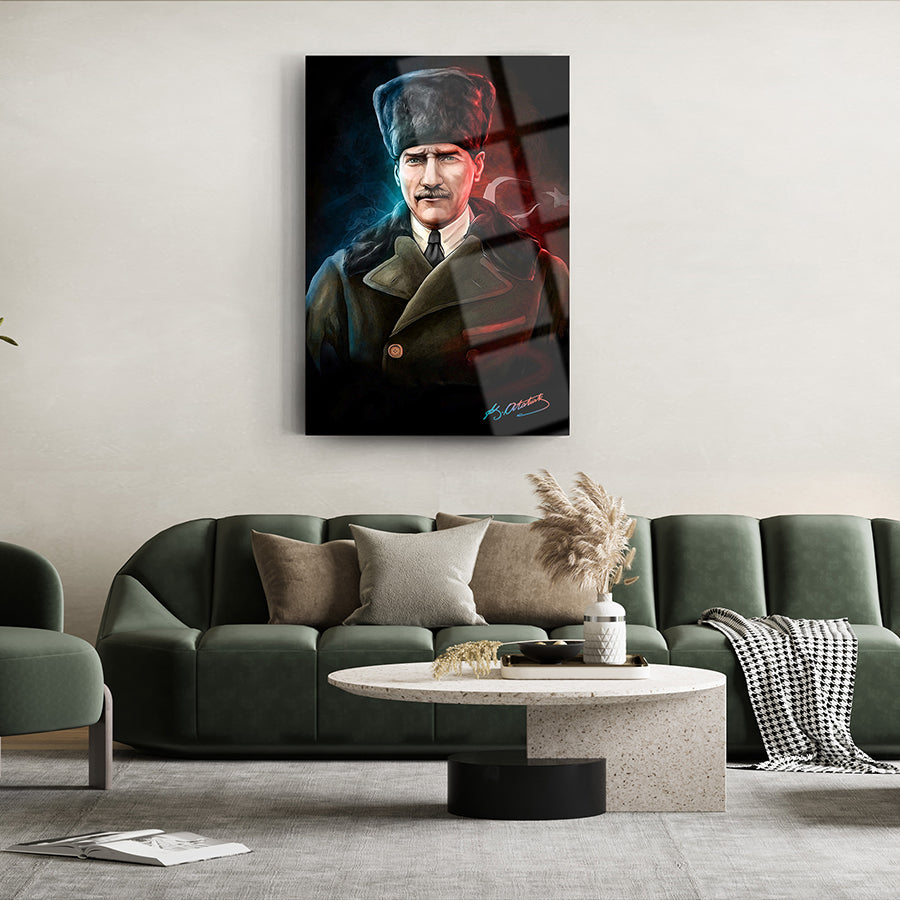 Atatürk 71 Cam Tablo, UV baskılı yüksek kaliteli cam dekor, modern oturma odası sanatı.