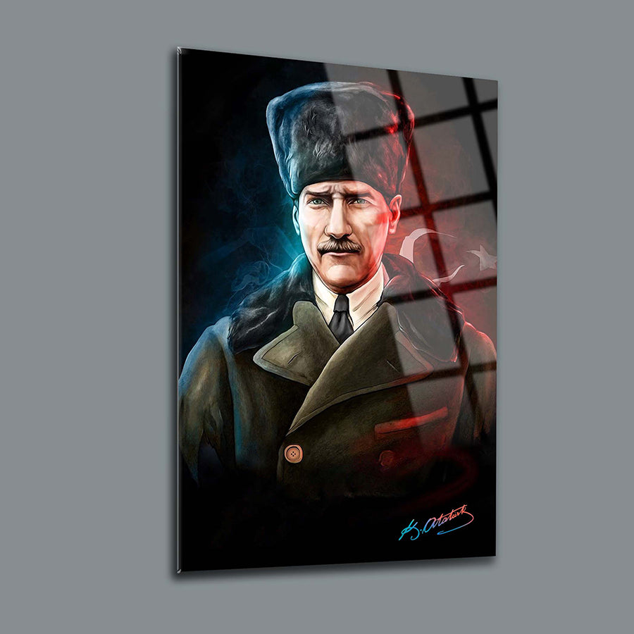 Atatürk 71 Cam Tablo, yüksek kaliteli temperli cam, özel UV baskı ile tasarım, modern dekoratif sanat eseri.