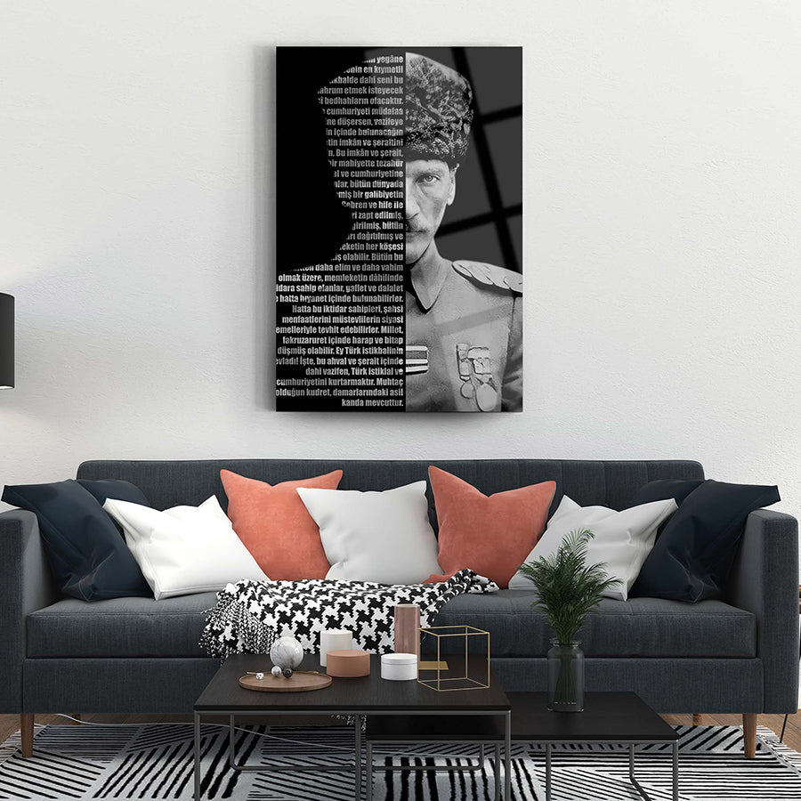 Atatürk 74 glass wall art featuring a stylish design on tempered glass, perfect for modern home decor.