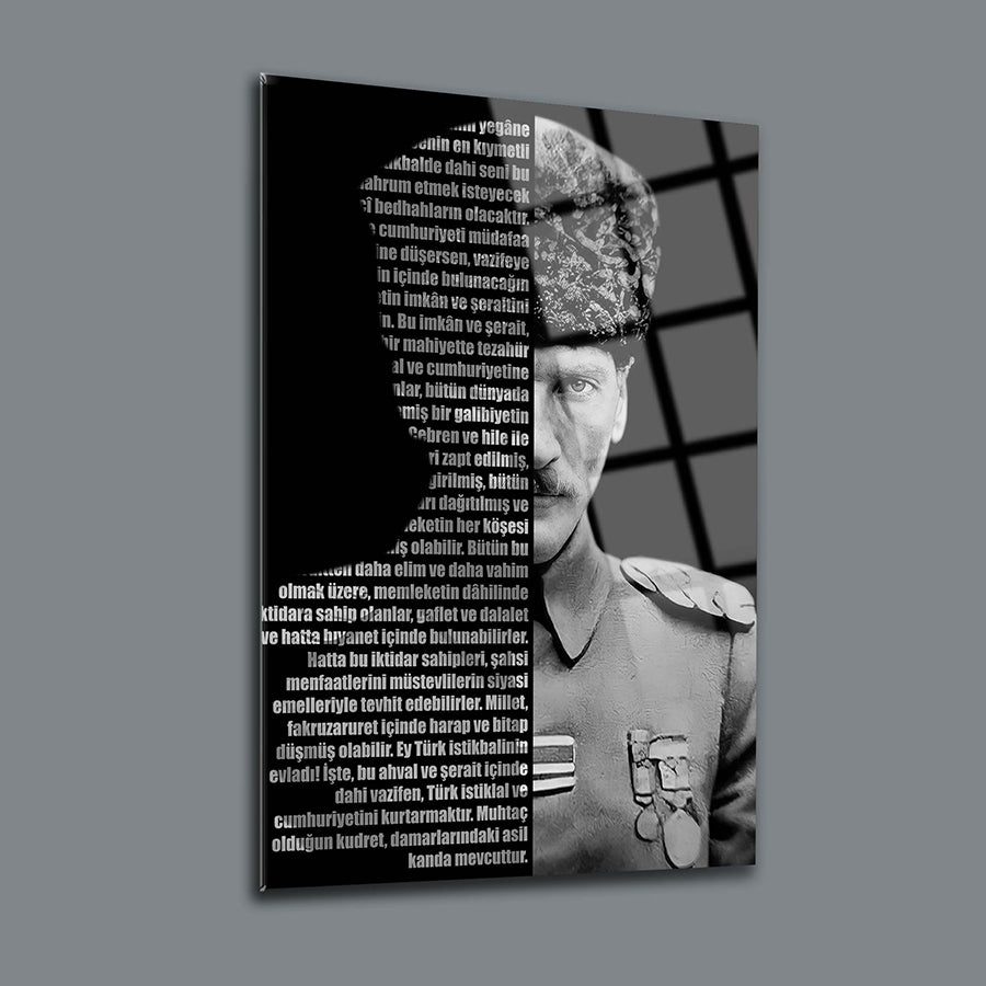 Atatürk 74 Cam Tablo: Tempered glass art with unique UV printing, showcasing Atatürk's impactful words and image.