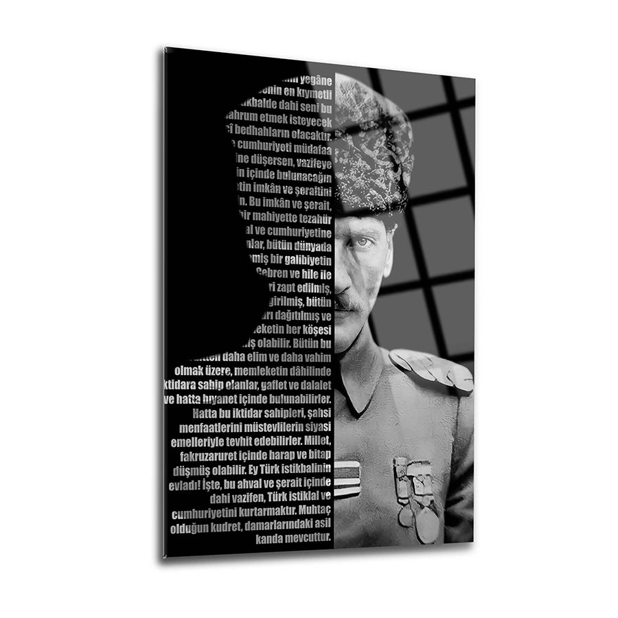 Atatürk 74 Cam Tablo, özel tasarım temperli cam tablo, şıklık ve dayanıklılıkla ev dekorasyonu.