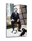 Decorative Atatürk 75 Cam Tablo featuring a man in a suit surrounded by puppies, showcasing high-quality glass art.