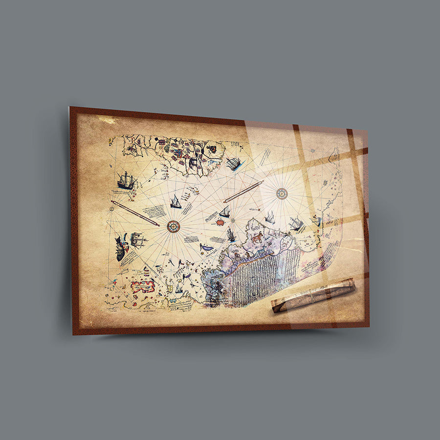Piri Reis Haritası Cam Tablo; yüksek kaliteli UV baskılı, dayanıklı 4 mm cam yüzey ile şık tasarım.