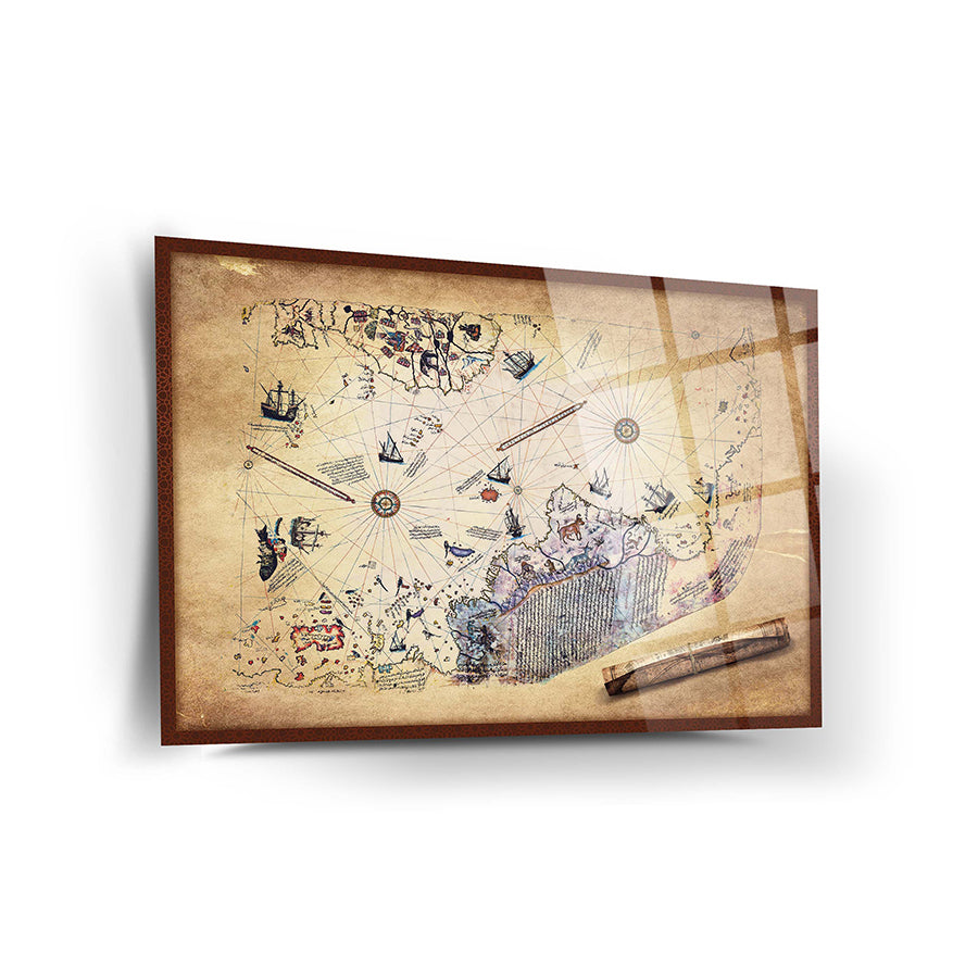 Piri Reis map glass wall art, high-quality tempered glass with unique UV printing, durable and stylish decor.