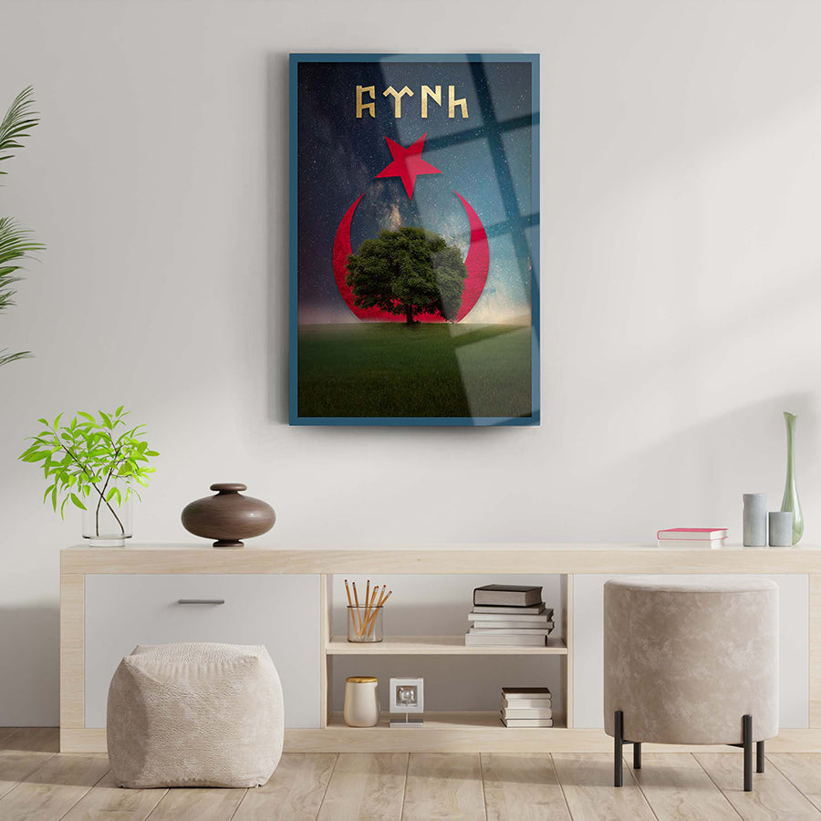 Ayyıldız Çınarı Cam Tablo on a modern wall, showcasing a unique design with vibrant colors.