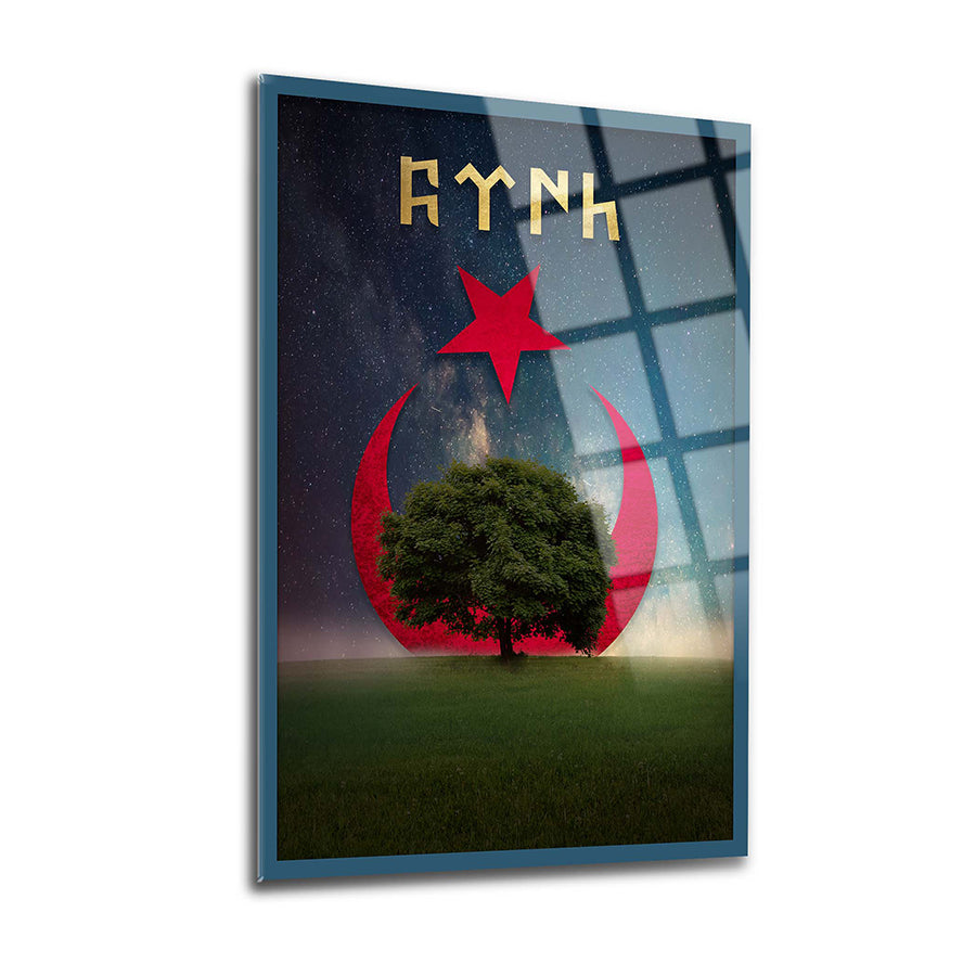 Ayyıldız Çınarı Cam Tablo with tree and star design, showcasing high-quality UV printed glass artwork.