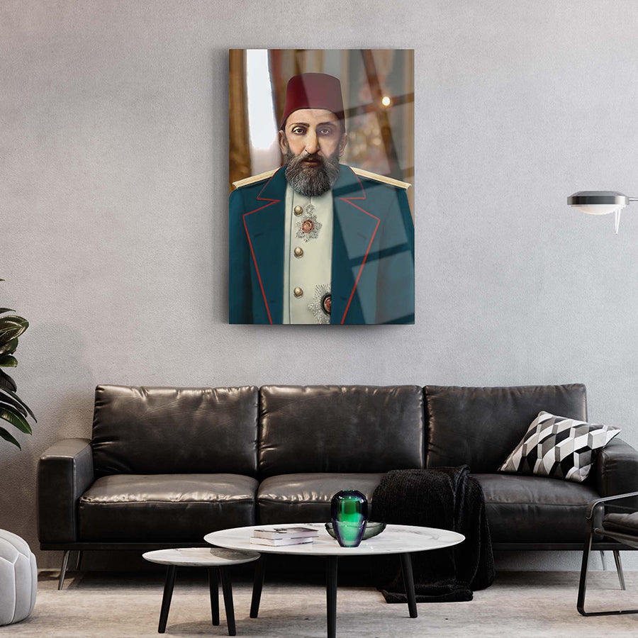 Abdülhamit Han 3 Cam Tablo, şık modern oturma odasında asılı, yüksek kaliteli UV baskı ile tasarlanmış.