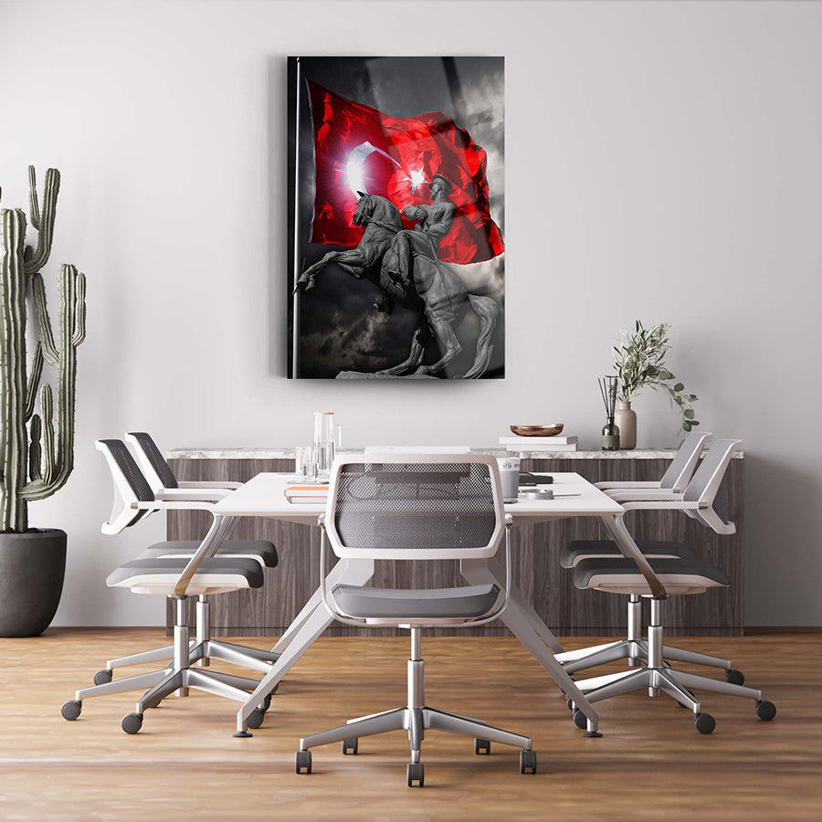 Atatürk 82 Cam Tablo featuring historic figures with a red flag, perfect for stylish office decor.