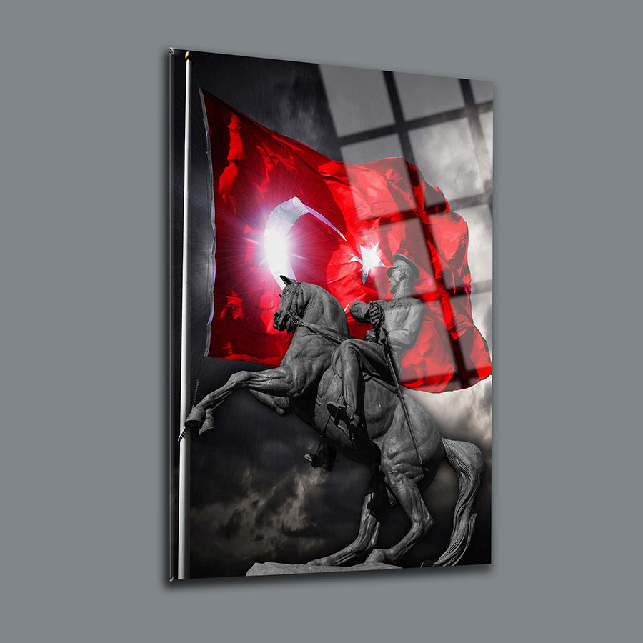 Atatürk statue on horse with a Turkish flag, displayed on high-quality glass art by SRD Concept.
