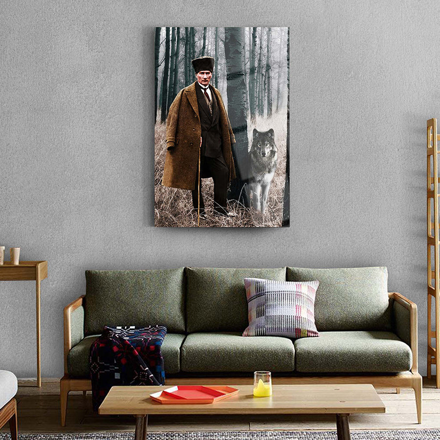 A stylish living room featuring a wall art depicting a man in a coat standing with a wolf in a forest setting.