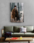 A stylish living room featuring a wall art depicting a man in a coat standing with a wolf in a forest setting.