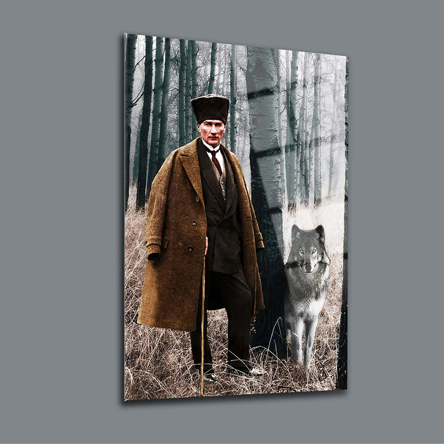 Atatürk 85 Cam Tablo featuring a historical figure and a wolf in a foggy forest setting.