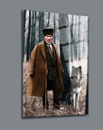 Atatürk 85 Cam Tablo featuring a historical figure and a wolf in a foggy forest setting.