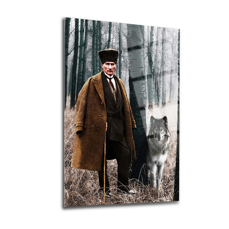 Atatürk 85 Cam Tablo with a historical figure and a wolf in a foggy forest setting.