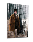 Atatürk 85 Cam Tablo with a historical figure and a wolf in a foggy forest setting.