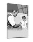 Atatürk 86 Cam Tablo with a nostalgic black and white photo of a man and a girl, showcasing unique UV printing on glass.
