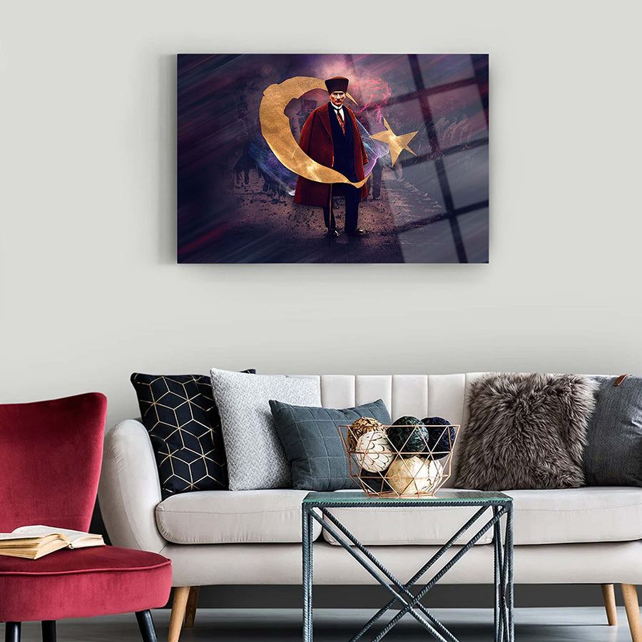 Atatürk 87 Cam Tablo, modern tasarım ile şık oturma odası dekorasyonu için özel UV baskı yapılmış cam tablo.