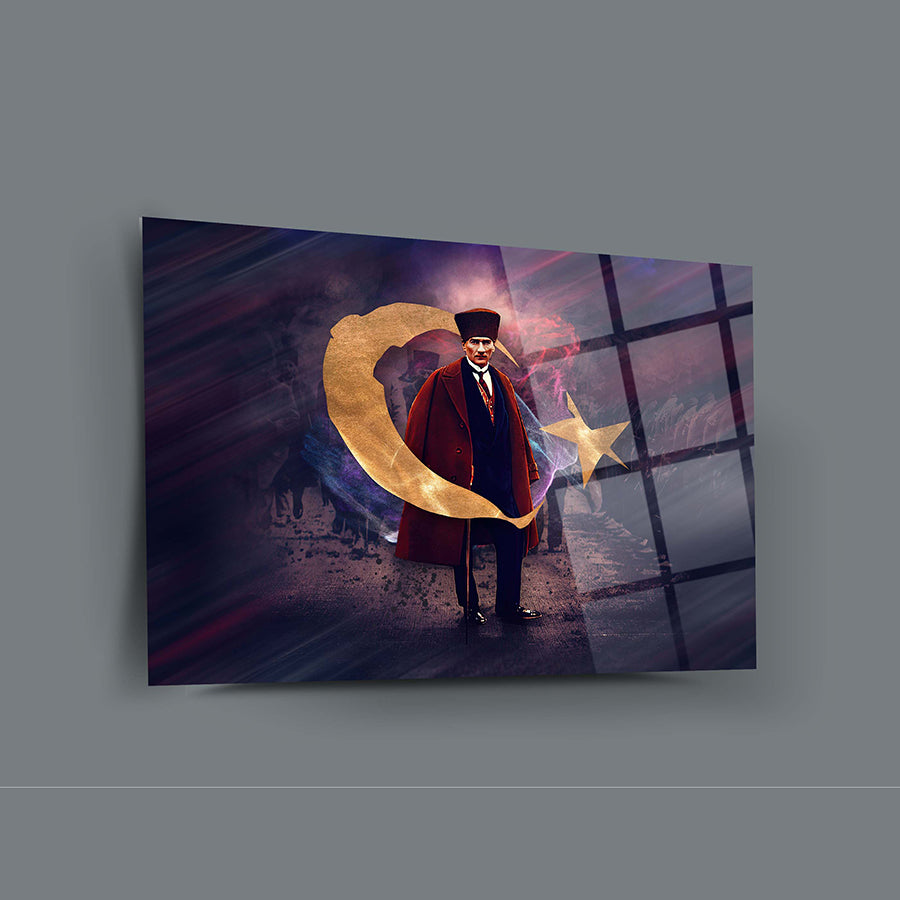 Atatürk 87 cam tablo, UV baskılı yüksek kaliteli temperli cam, 4 mm kalınlık, özel tasarım dekoratif sanat eseri.