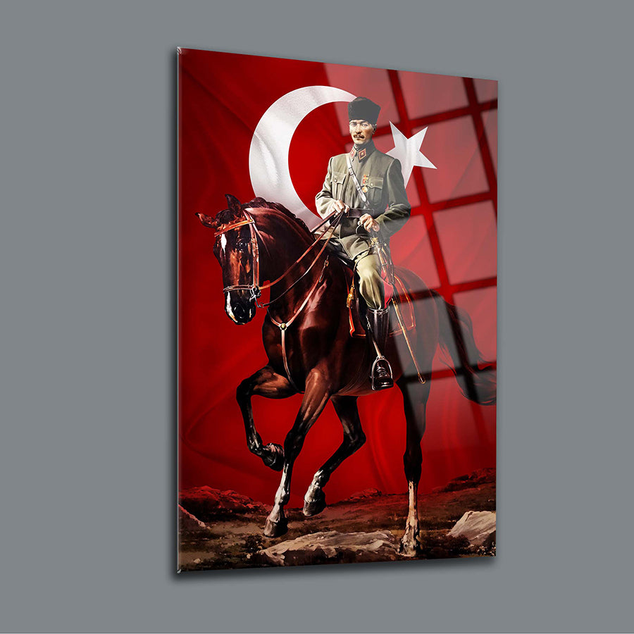 Atatürk 88 Cam Tablo featuring a soldier on horseback against a Turkish flag backdrop in high-quality glass.