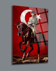Atatürk 88 Cam Tablo featuring a soldier on horseback against a Turkish flag backdrop in high-quality glass.