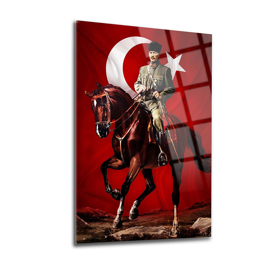 Atatürk on horseback with Turkish flag background, high-quality glass artwork by SRD Concept.