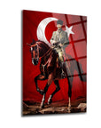 Atatürk on horseback with Turkish flag background, high-quality glass artwork by SRD Concept.