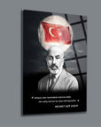 Mehmet Akif Ersoy decorative glass artwork with Turkish flag, featuring inspirational quote and high-quality UV printing.