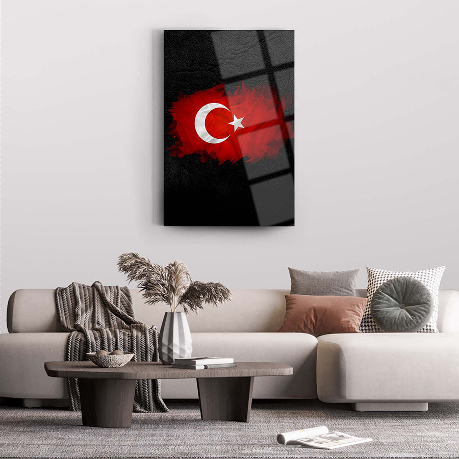 Türk Bayrağı temalı 12 mm cam tablo, modern oturma odası dekorasyonu için şık bir parça.