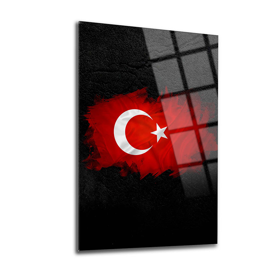 Türk Bayrağı desenli 12 mm cam tablo, UV baskı, kaliteli ve dayanıklı, dekoratif duvar sanatı.