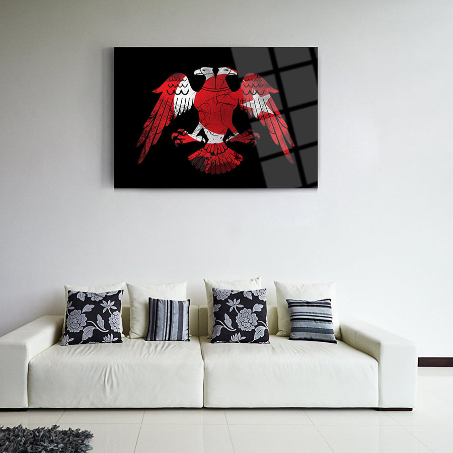 Stylish Kartal Türk Bayrağı cam tablo displayed above a modern sofa in a chic living room.