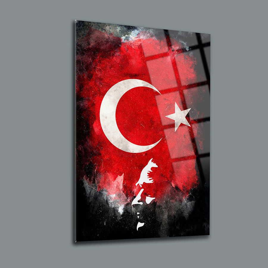 Atatürk and Turkish flag art glass panel, durable 4mm thick tempered glass with UV printing for striking decor.
