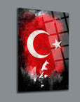 Atatürk and Turkish flag art glass panel, durable 4mm thick tempered glass with UV printing for striking decor.