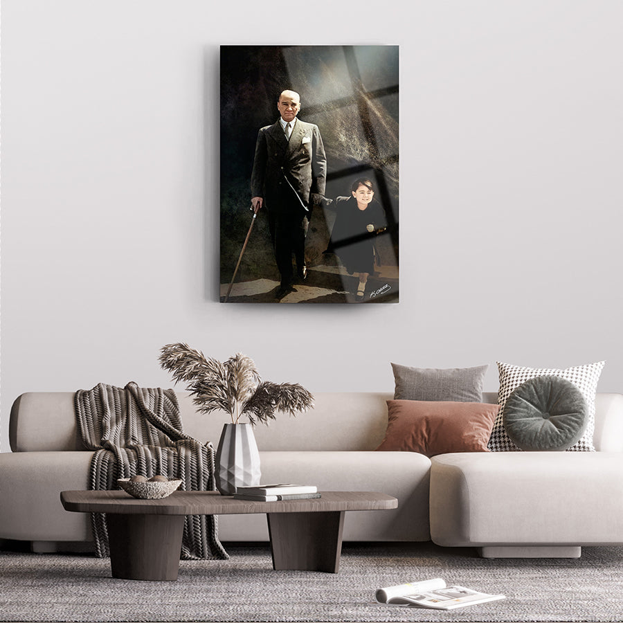 Atatürk 94 Cam Tablo on wall above modern couch, showcasing elegant glass art with historical imagery.