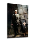 Atatürk 94 Cam Tablo featuring a historical depiction of Atatürk with a child, showcasing high-quality UV printed glass.