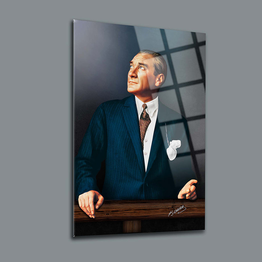 Atatürk 96 Cam Tablo, yüksek kaliteli UV baskı ile tasarlanmış temperlenmiş cam tablo