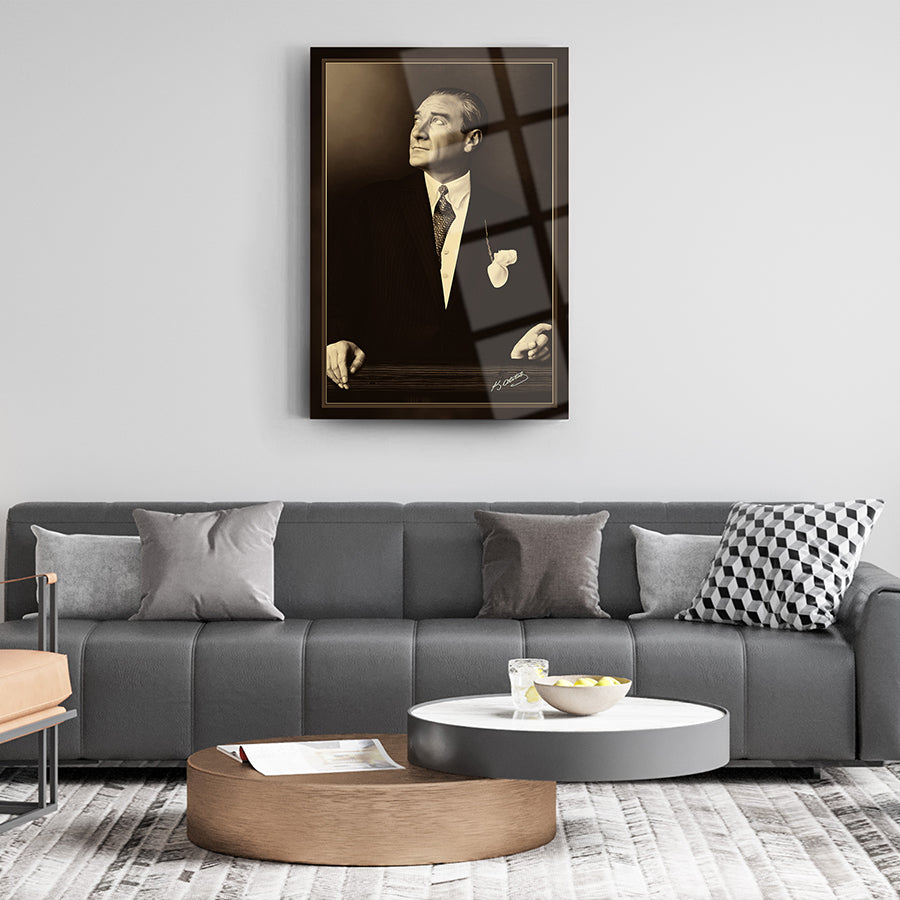 Elegant living room featuring a stylish art piece in a modern frame above a sleek sofa set.