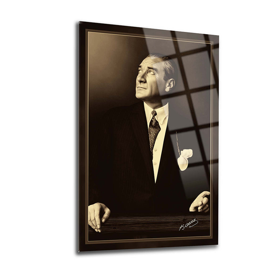 Atatürk 97 glass wall art featuring a sepia-toned portrait, showcasing premium quality design and durability.