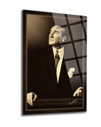 Atatürk 97 glass wall art featuring a sepia-toned portrait, showcasing premium quality design and durability.